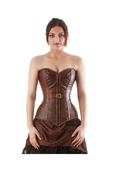 Vollbrust Corsage Leder Braun Korsett mit Reißverschluss F11316