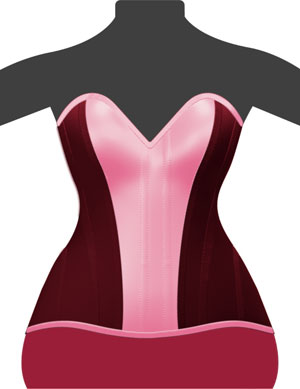 Hüft Vollbrustkorsett in Baumwoll Bordeaux mit tiefem Ausschnitt und Satin glänzender Herz Front