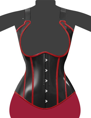 Glänzendes schwarzes Lack Korsett mit Haltern und roten Kontrast Lack Paspeln und Streifen